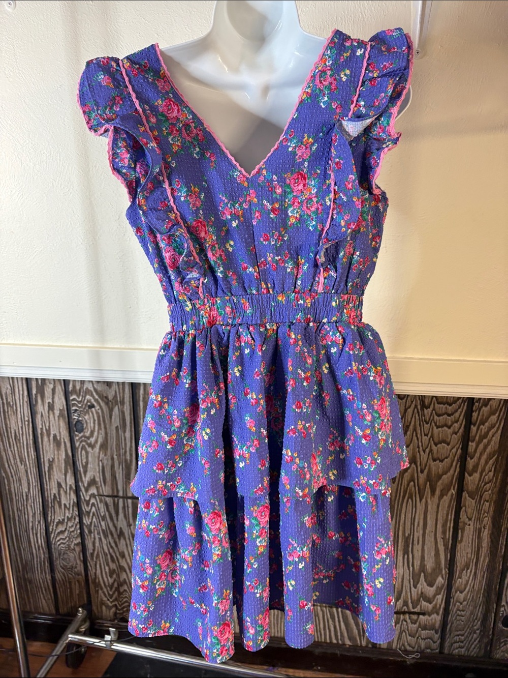 Betsey Johnson Purple Floral Tiered Mini Dress with Pink Trim - Picture 3 of 4